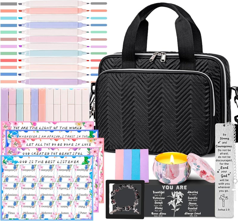 TuErCao Gifts for Christian Women, Bible Bag with Christian Bookmarks, Bible Verse Bracelets, Prayer Scented Candle and Study Supplies Kit with 75 BibleTabs, 12 Highlighters Spiritual Gifts for Mom - Image 1